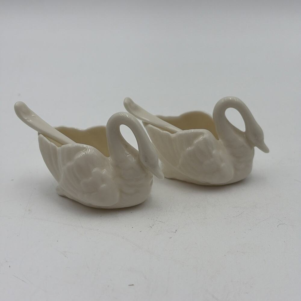 Set Of 2 Vintage Ivory China Lenox Individual Swan Salt Cellars With SPOONS